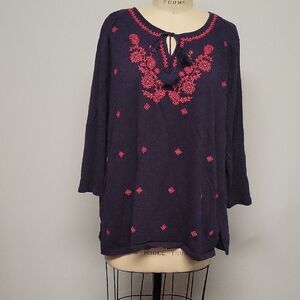 Talbots Navy Blouse with Red Embroidery, Size 3X